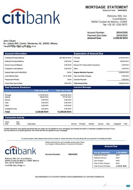Download Mexico Citibank Mexico mortgage statement Word and PDF template Photoshop template